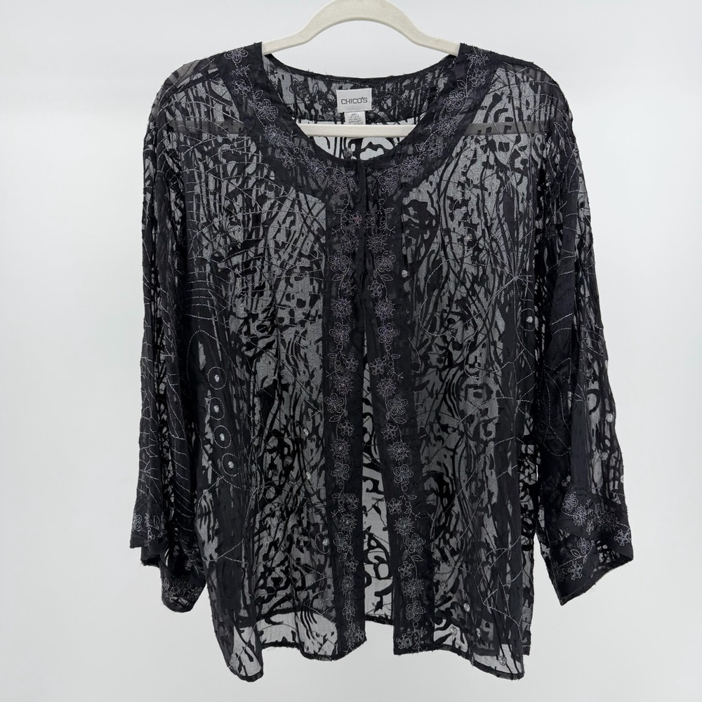 Chico's Silk Blend Semisheer Embellished Black Cardigan Topper, Women's Large